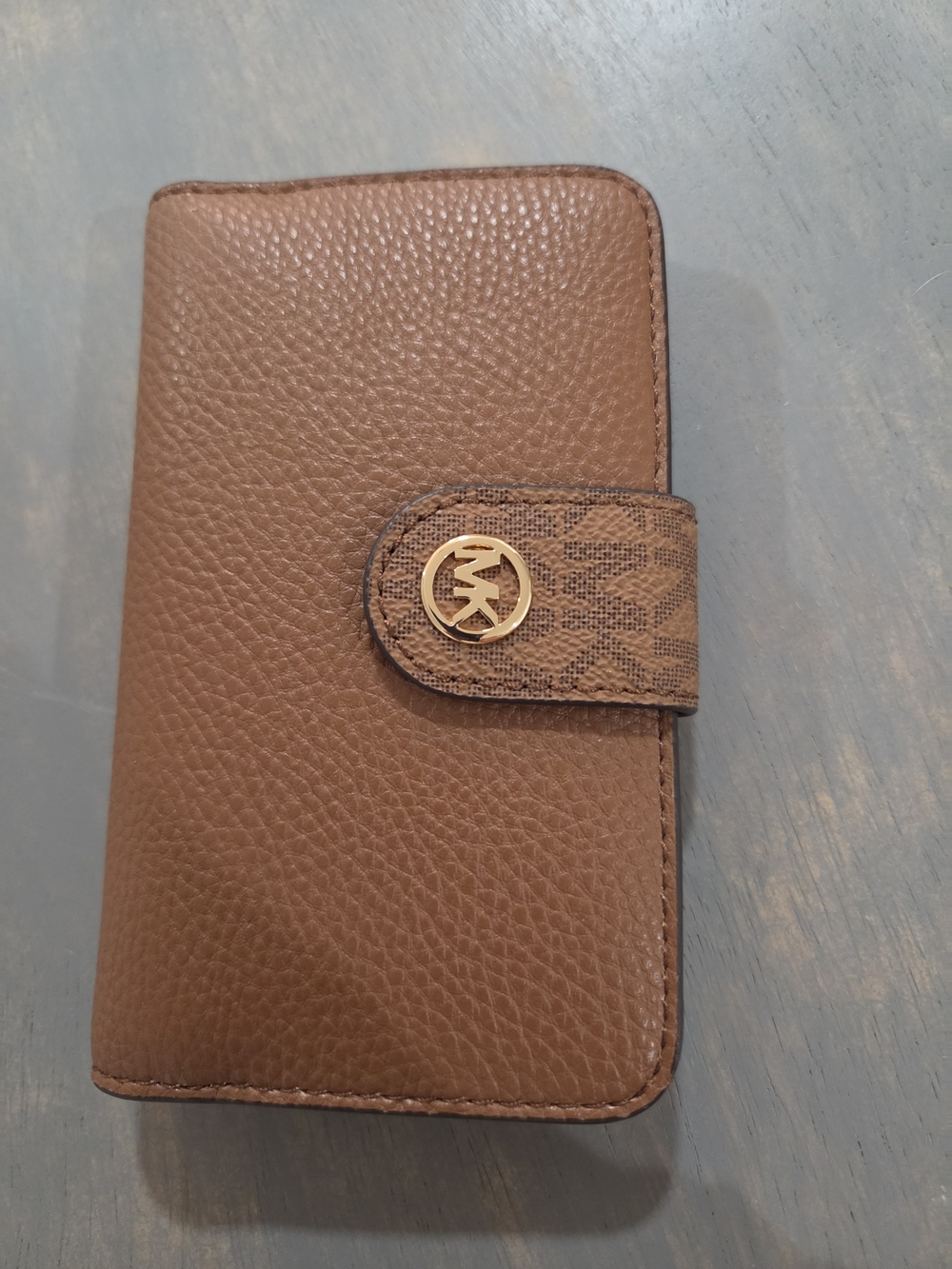 Michael Kors Brown Pebbled Leather Wallet-Style Phone Case with Gold MK Logo